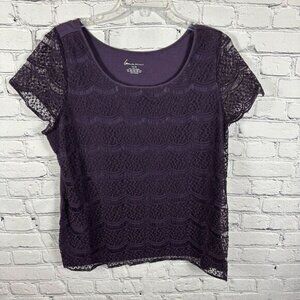 Lane Bryant Shirt Top Lace Overlay Stretch Knit Jersey Crochet Purple 14/16